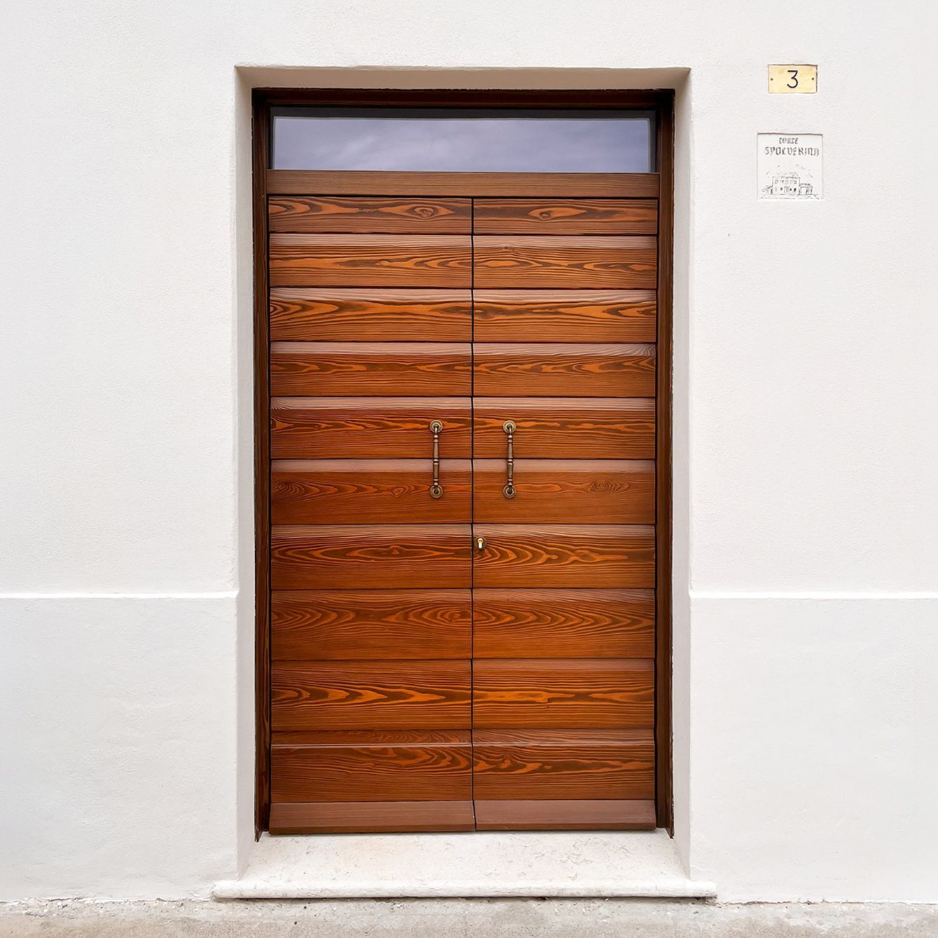 Porta d'ingresso in legno scuro con pannelli orizzontali e maniglie in metallo