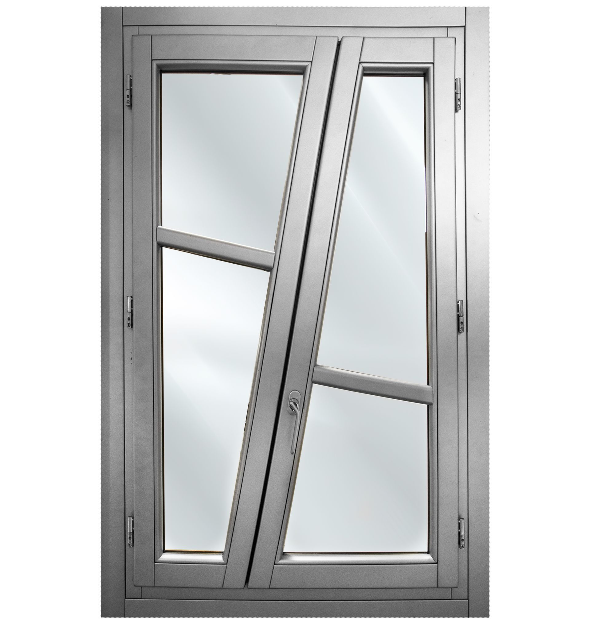 Una moderna finestra a doppio vetro in metallo con un telaio asimmetrico e diagonale.