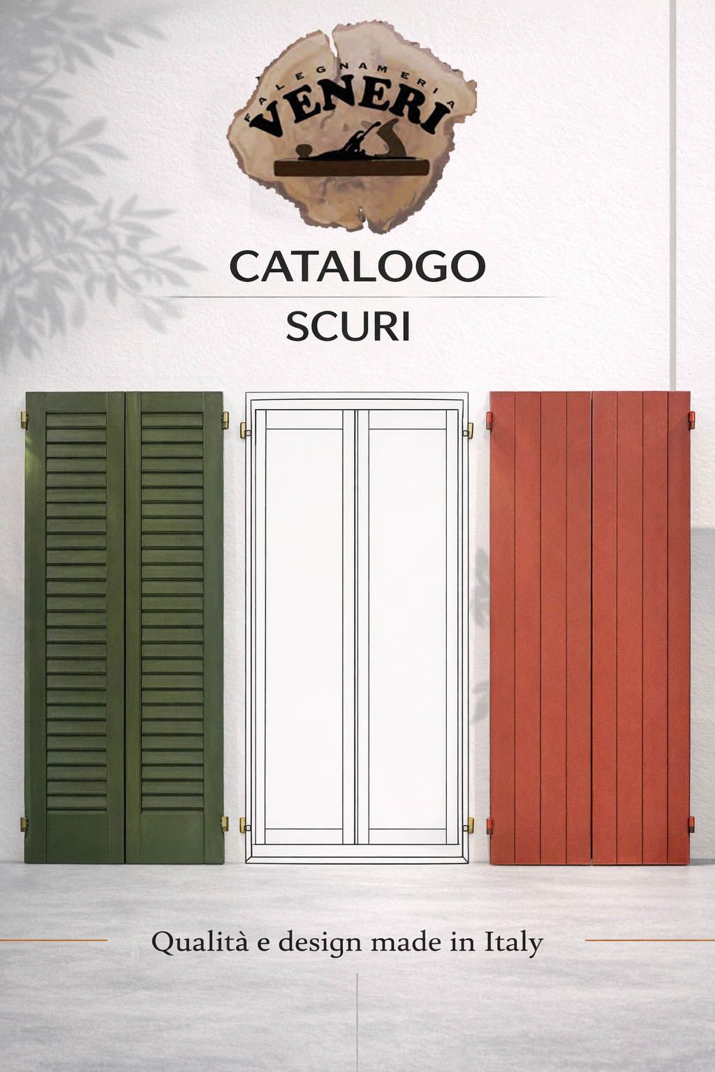 Copertina di un catalogo di persiane Veneri che mostra tre persiane nei colori verde, bianco e rosso, a rappresentare la bandiera italiana.