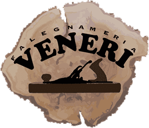 Logo per Falegnameria Veneri raffigurante una pialla a mano sovrapposta a una texture di sezione trasversale di legno marrone e rustico.