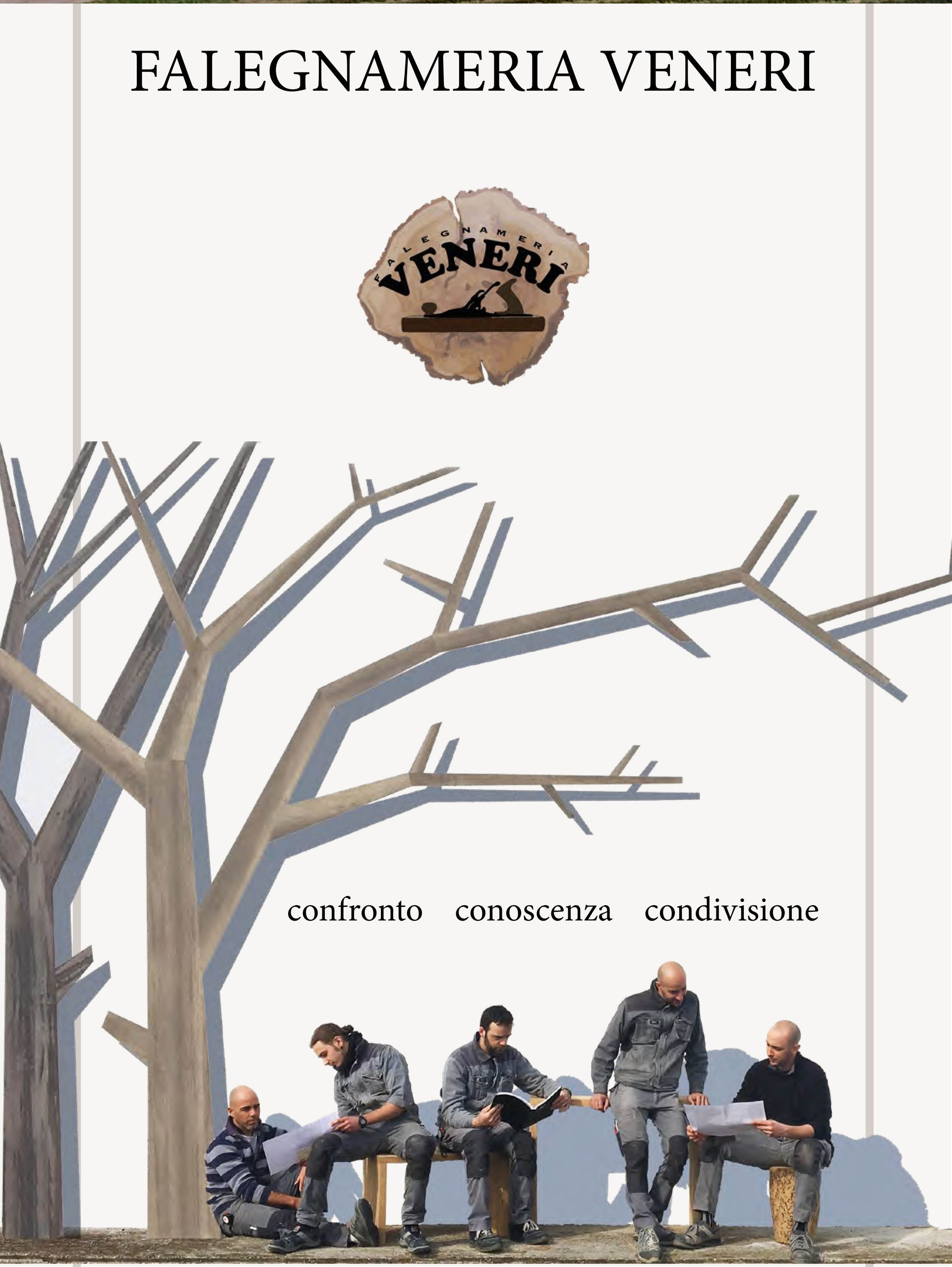 Quattro persone in uniforme da lavoro siedono sotto l'illustrazione stilizzata di un albero per Falegnameria Veneri, un'azienda di lavorazione del legno.