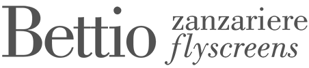 Logo aziendale per "Bettio zanzariere flyscreens" con testo grigio scuro su sfondo bianco.