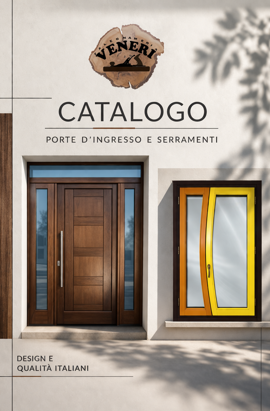 Copertina di un catalogo Veneri che raffigura un'elegante porta d'ingresso in legno e una finestra giallo brillante su uno sfondo bianco.