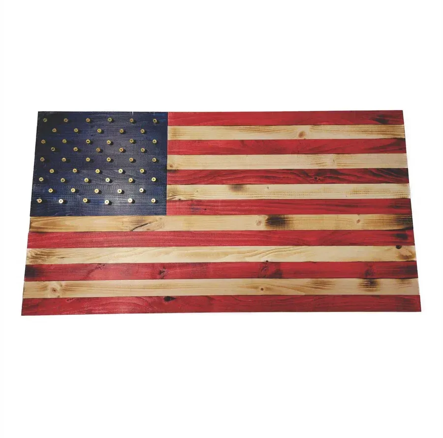 Wooden American flag with red, white, and blue painted stripes and stars.