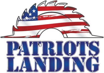 Logo with a saw blade featuring an American flag design above the words 