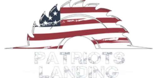 Logo with a saw blade featuring an American flag design above the words 