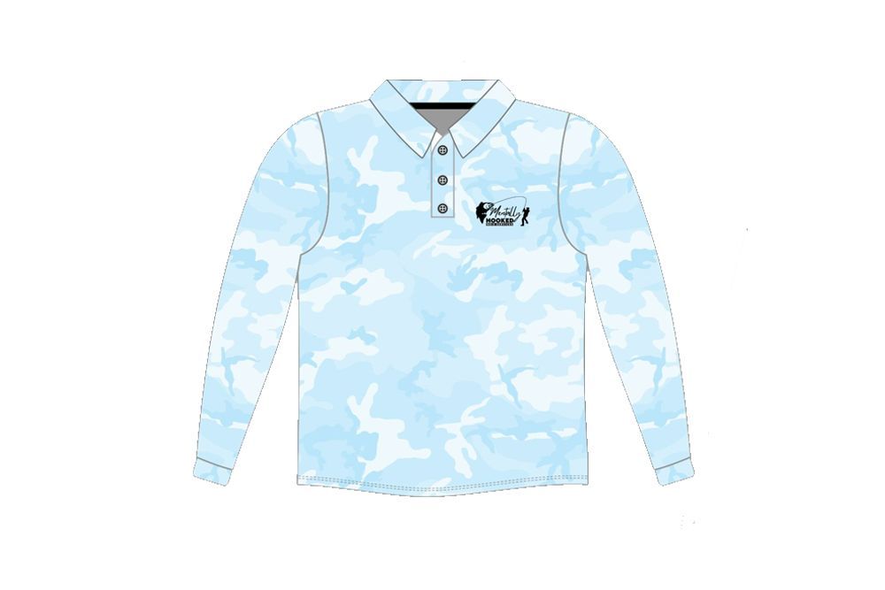 A Light Blue Camouflage Polo Shirt With Long Sleeves on a White Background — Mentally Hooked in Robina, QLD