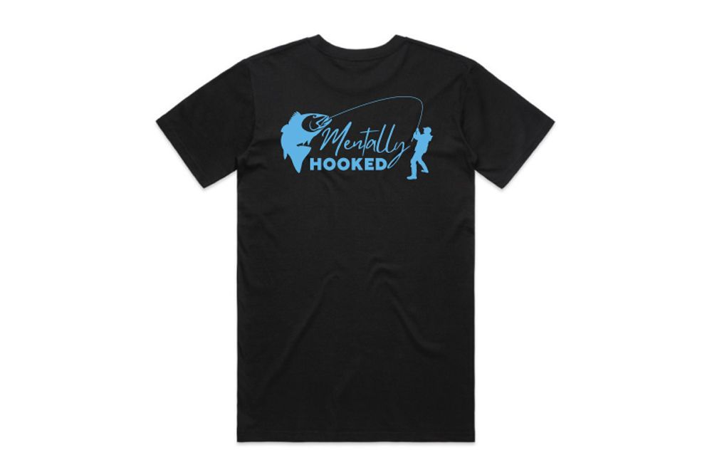A Black T-shirt With a Blue Logo on It — Mentally Hooked in Robina, QLD