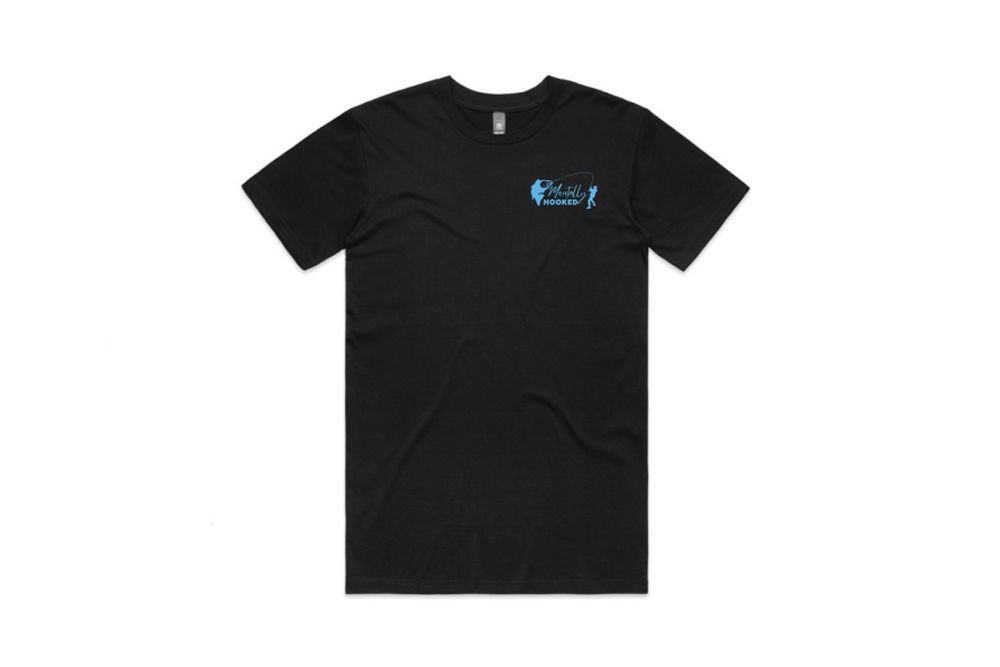 A Black T-shirt With a Blue Logo on the Front is on a White Background — Mentally Hooked in Robina, QLD