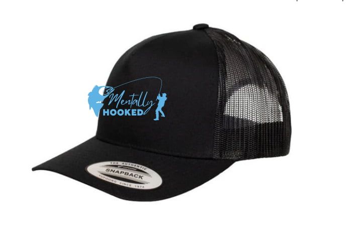 A Black Trucker Hat With a Fishing Logo on It — Mentally Hooked in Robina, QLD