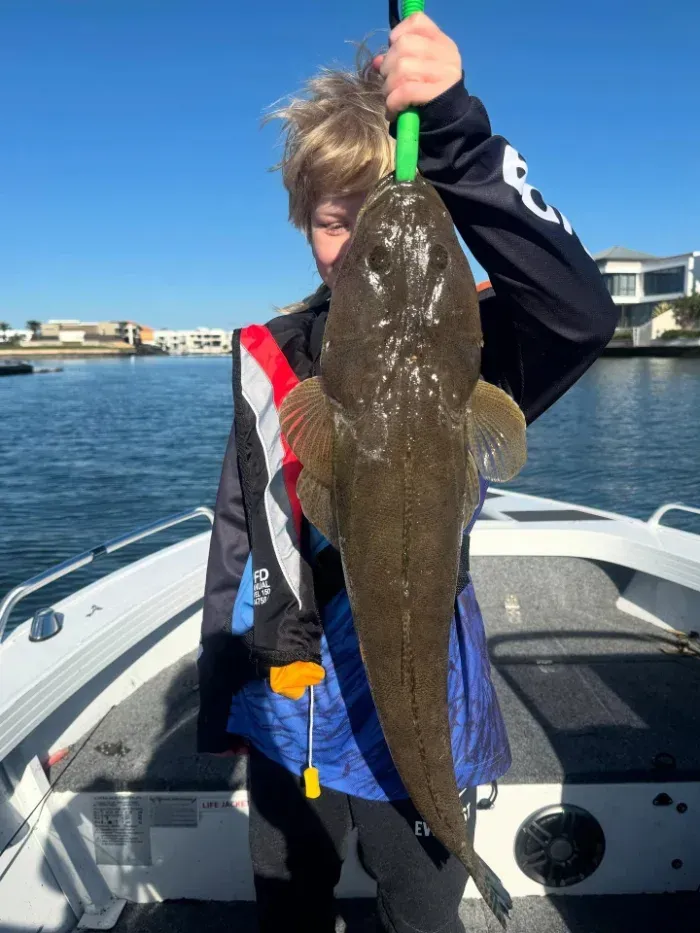 Boy on a boat holds up a flathead fish. Bright blue sky, water, and houses — Mentally Hooked in Helensvale, QLD