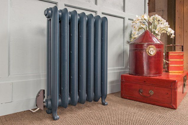 Gladstone cast iron electric radiator in Farrow & Ball Hague Blue with anthracite element