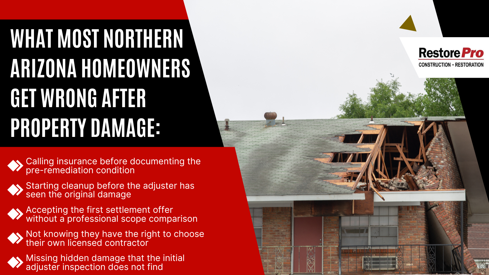 Arizona homeowners roof damage ad with house roof and RestorePro logo Arizona homeowners roof damage ad with house roof and RestorePro logo