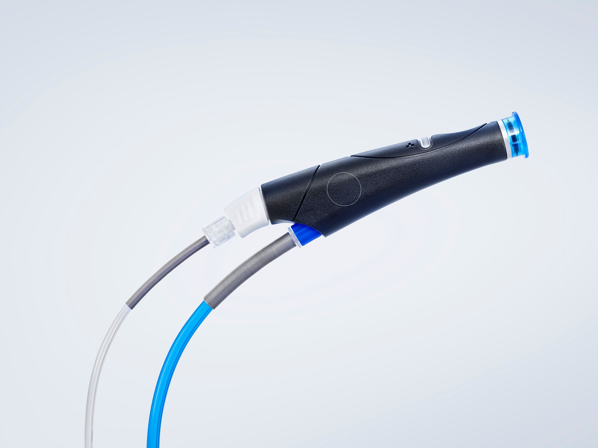 A close up of a microphone with a blue hose attached to it.