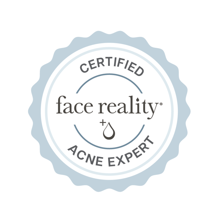 Certified Face Reality Acne Expert logo in light blue and white.