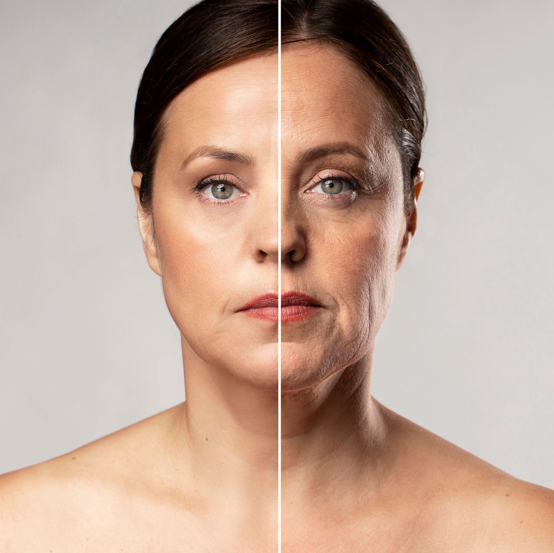 Face of a woman; left side smooth, right side shows wrinkles and age spots, demonstrating skin aging.