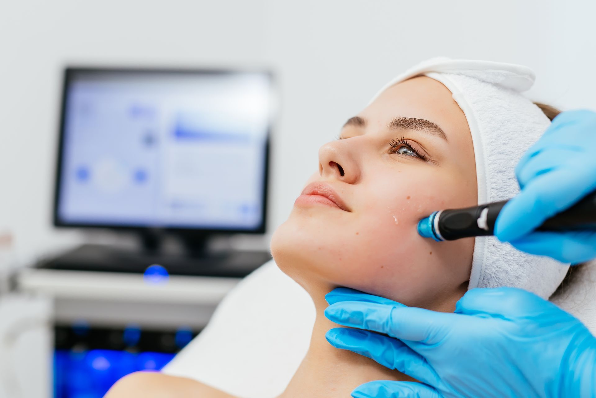 Woman undergoing a facial treatment with a device, blue gloves, in a medical setting.