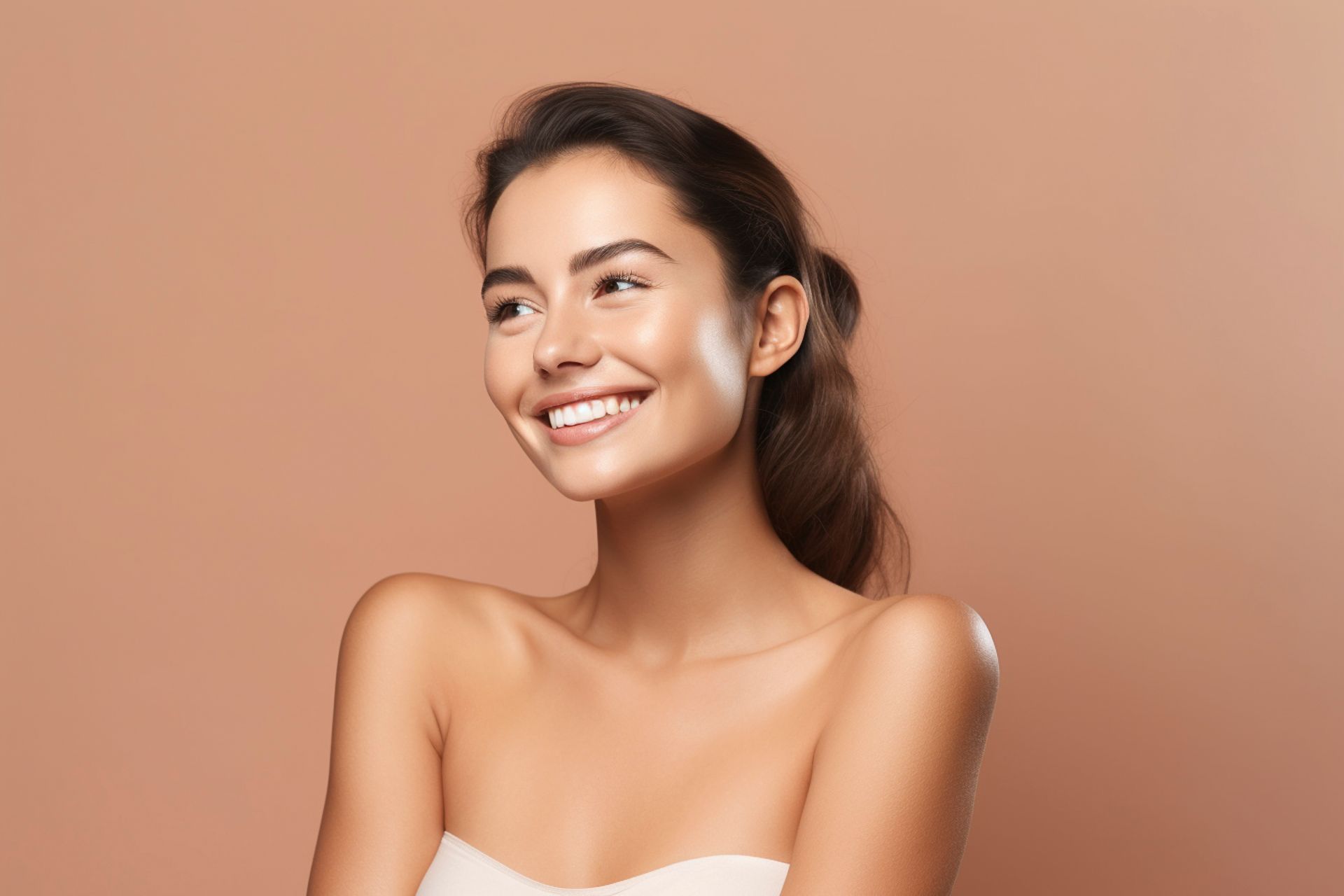 Woman with radiant skin smiles, head and shoulders shot, nude top, brown hair, peach background.