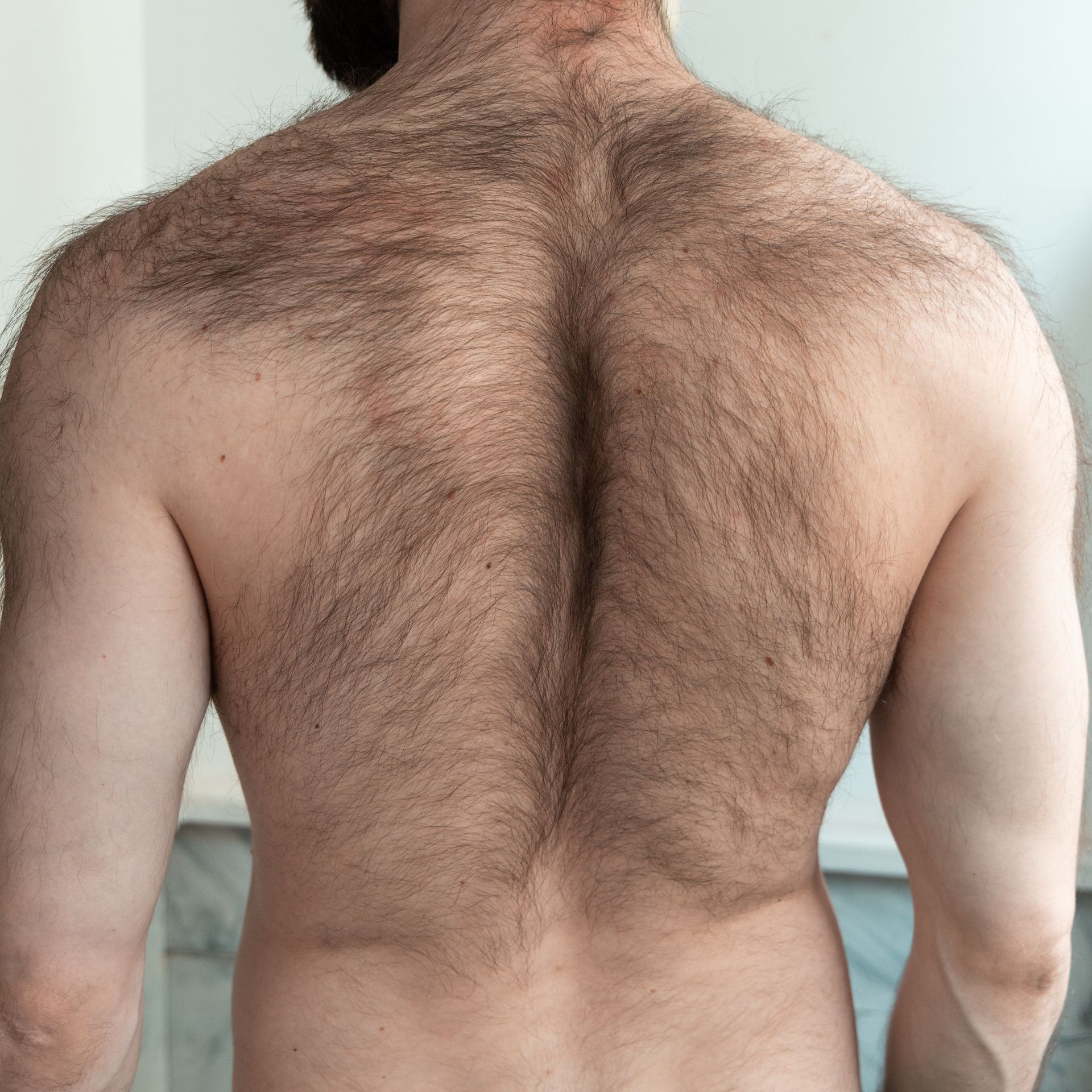 A hairy back with dark brown hair. The person is standing in front of a light-colored wall.