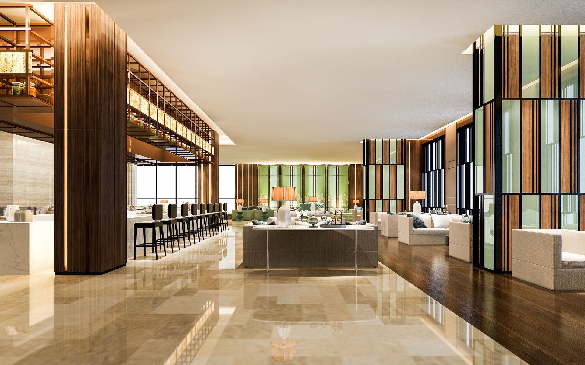 A 3d rendering of a hotel lobby with a bar and dining area.