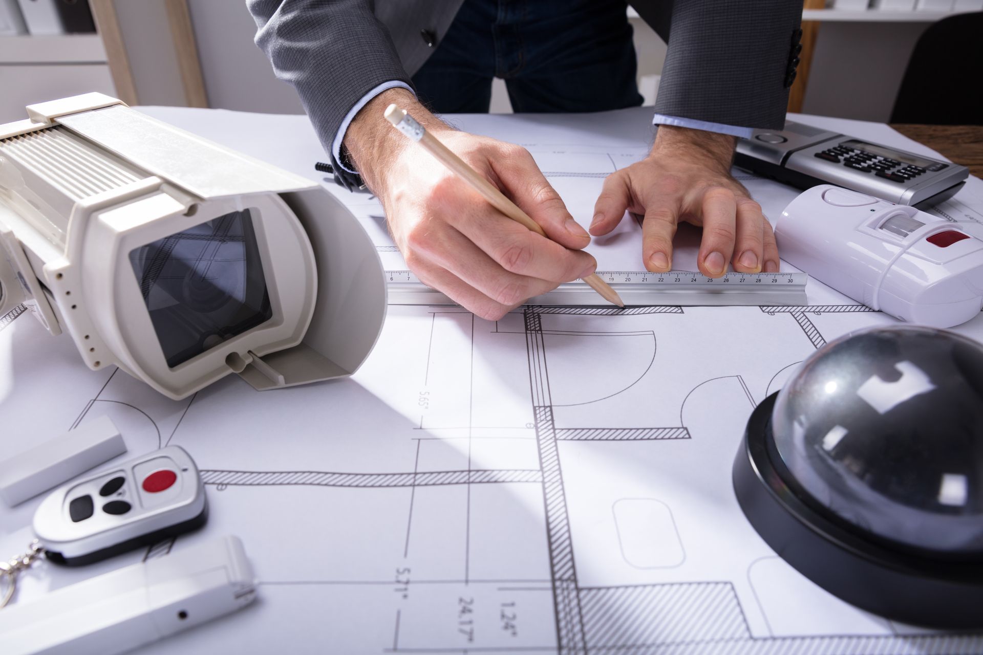 Person drafting a technical design with ruler and compass on blueprints, surrounded by engineering tools