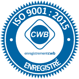 Blue ISO 9001:2015 registered certification seal with CWB logo in the center
