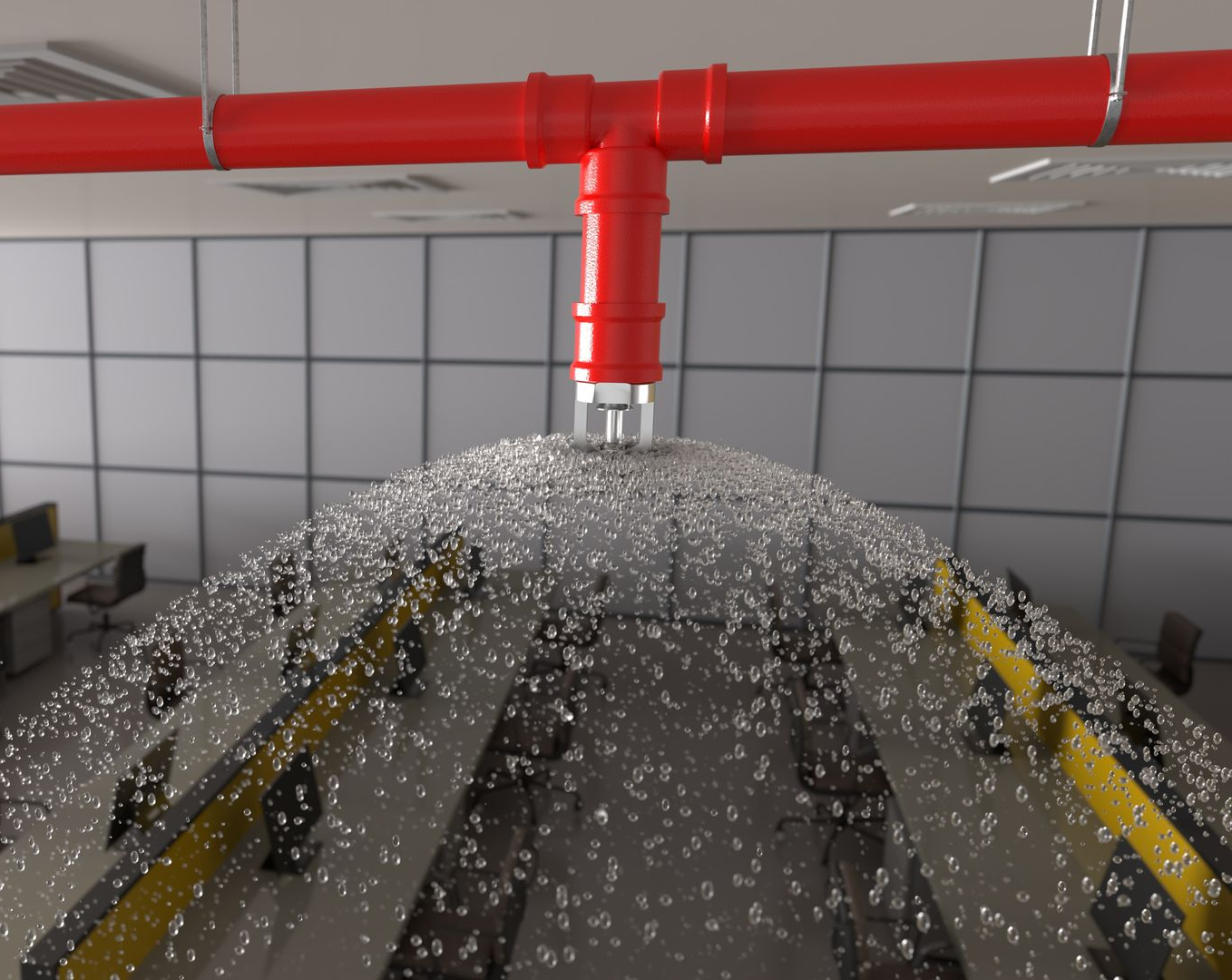 Un tuyau rouge pulvérise de l'eau sur des machines industrielles dans une pièce carrelée