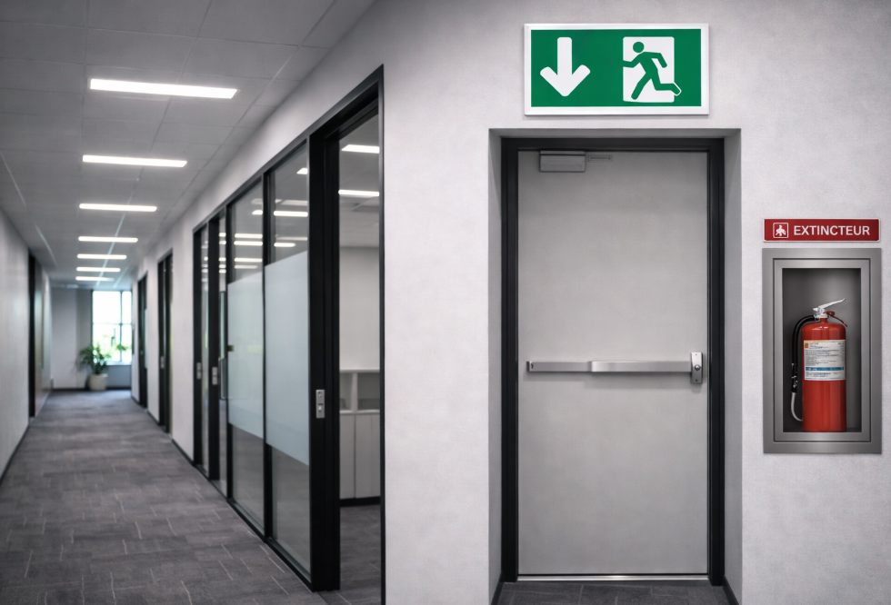 Couloir de bureau avec porte de sortie de secours, panneau de sortie vert et armoire à extincteurs