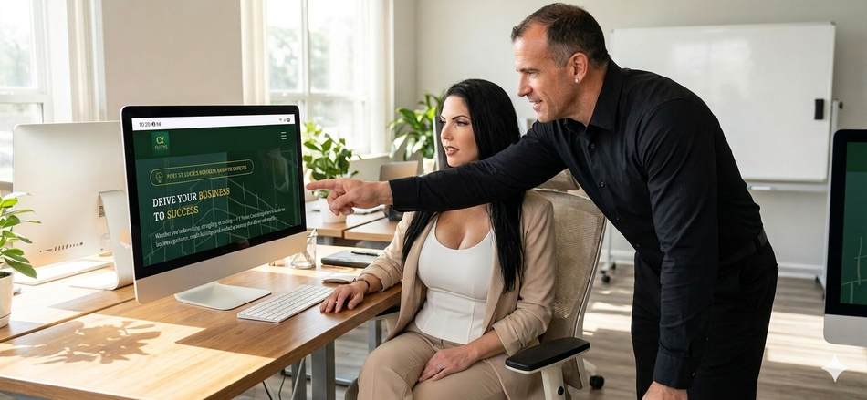 Two people reviewing code on a desktop monitor in a bright office, one pointing at the screen