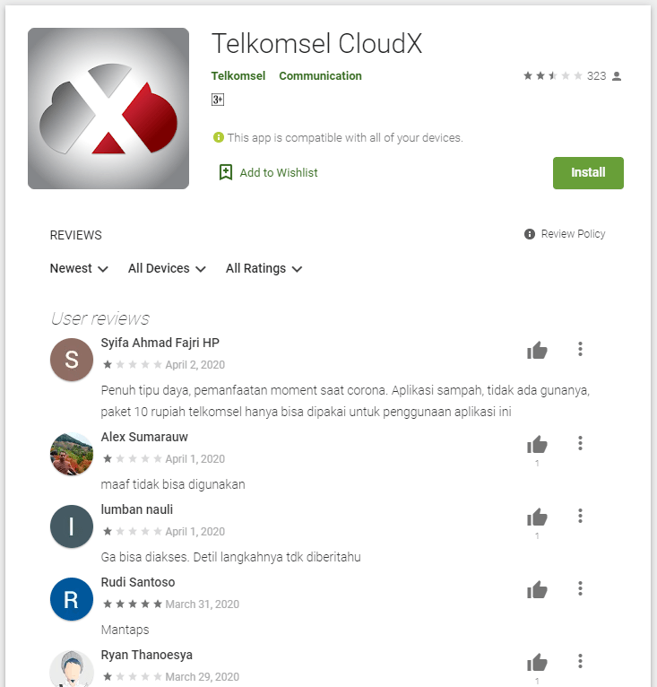 Salah satu review Telkomsel CloudX di Play Store