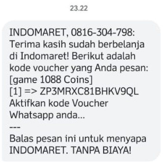 Pengiriman SMS voucher game palsu mencatut nama Indomaret bertujuan untuk menipu kode verifikasi Whatsapp korban