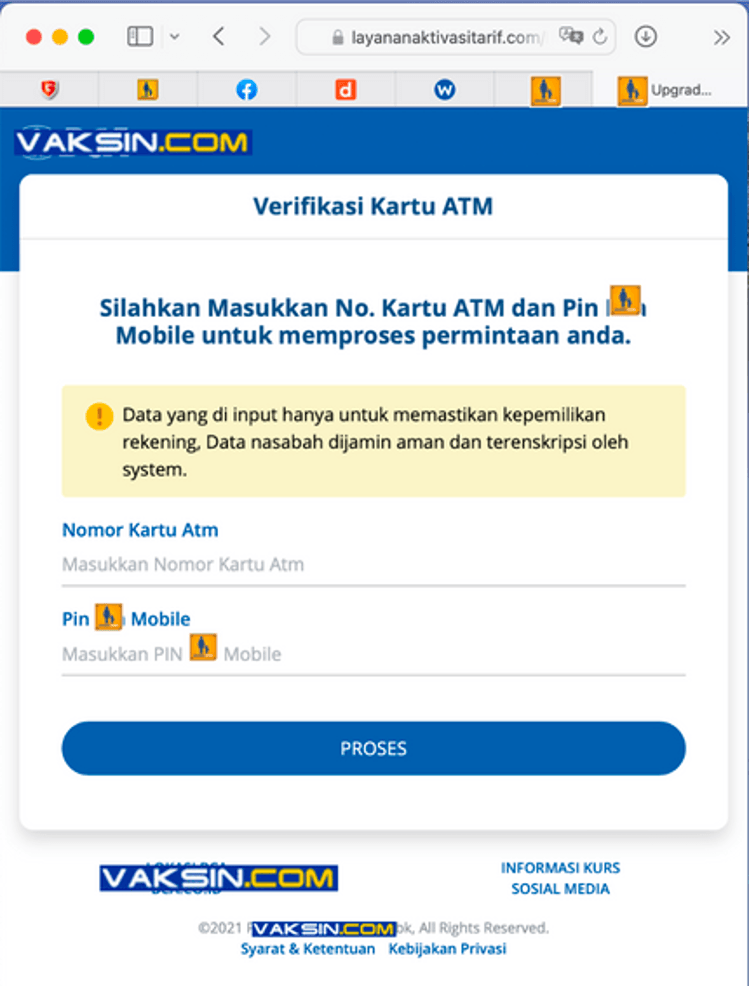 Gambar 4, Soceng kenaikan tarif yang diikuti phishing untuk mendapatkan Nomor kartu ATM bank, PIN m-Banking dan nomor HP pemilik akun