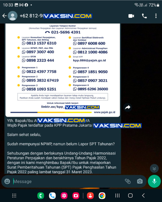 Gambar 3, Broadcast mencurigakan karena dilakukan dari nomor tidak dikenal dan tidak terverifikasi