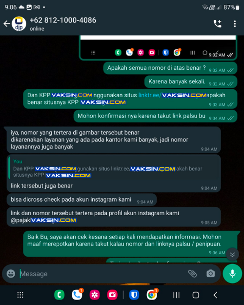 Gambar 5, Verifikasi langsung ke nomor resmi KPP yang mengkonfirmasikan kalau memang benar broadcast dilakukan oleh kantor pajak