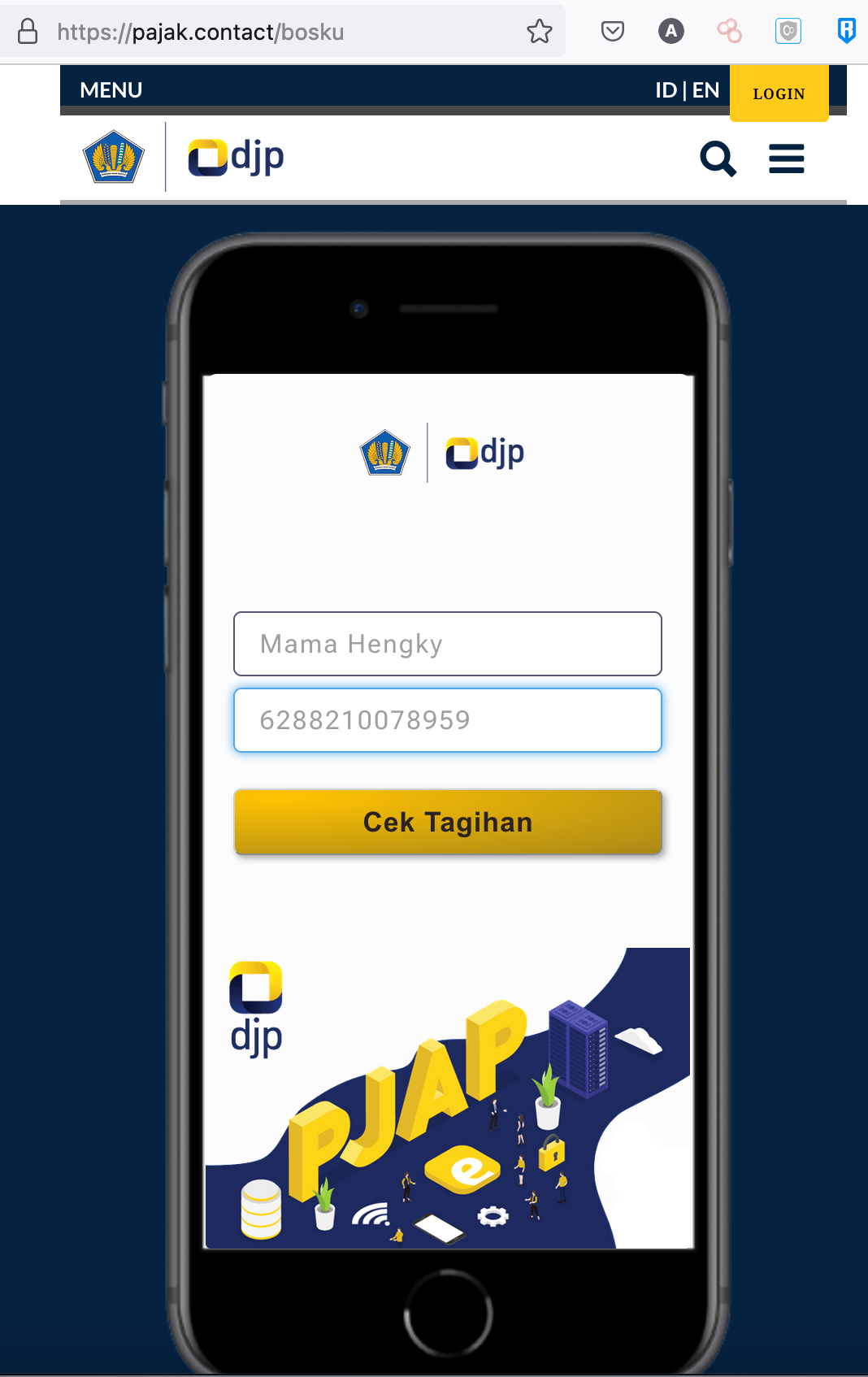 Gambar 2, Situs phishing pajak.contact yang memalsukan situs pajak.go.id