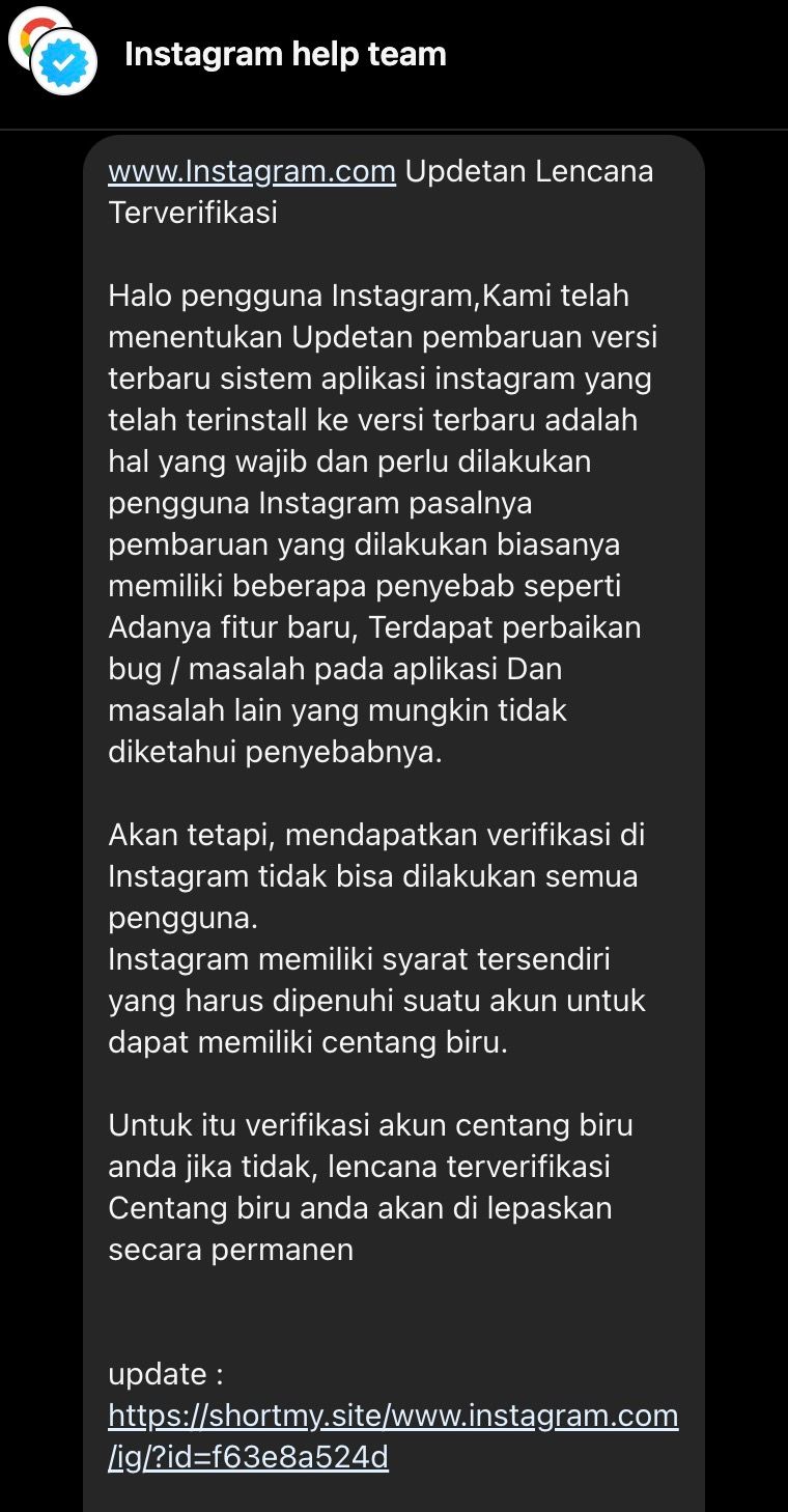 Gambar 2, Pesan phishing yang dikirimkan dengan iming-iming centang biru dan ancaman pencabutan centang biru jika tidak melakukan verifikasi ke situs phishing yang telah dipersiapkan.