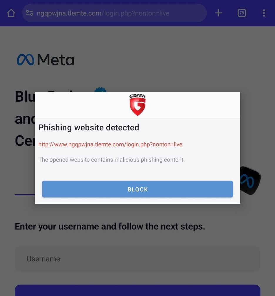 Gambar 6, Antivirus GData memberikan peringatan phishing dan memblokir akses situs penipu