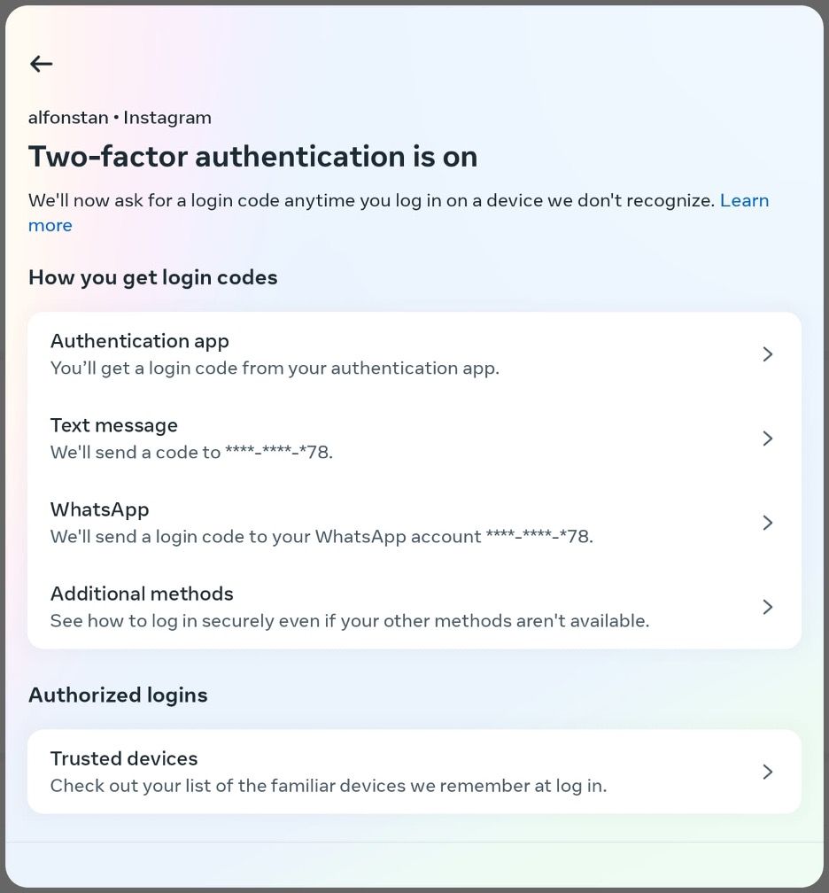 Gambar 7, Aktifkan TFA Two Factor Authentication untuk melindungi akun Instagram anda dari pembajakan