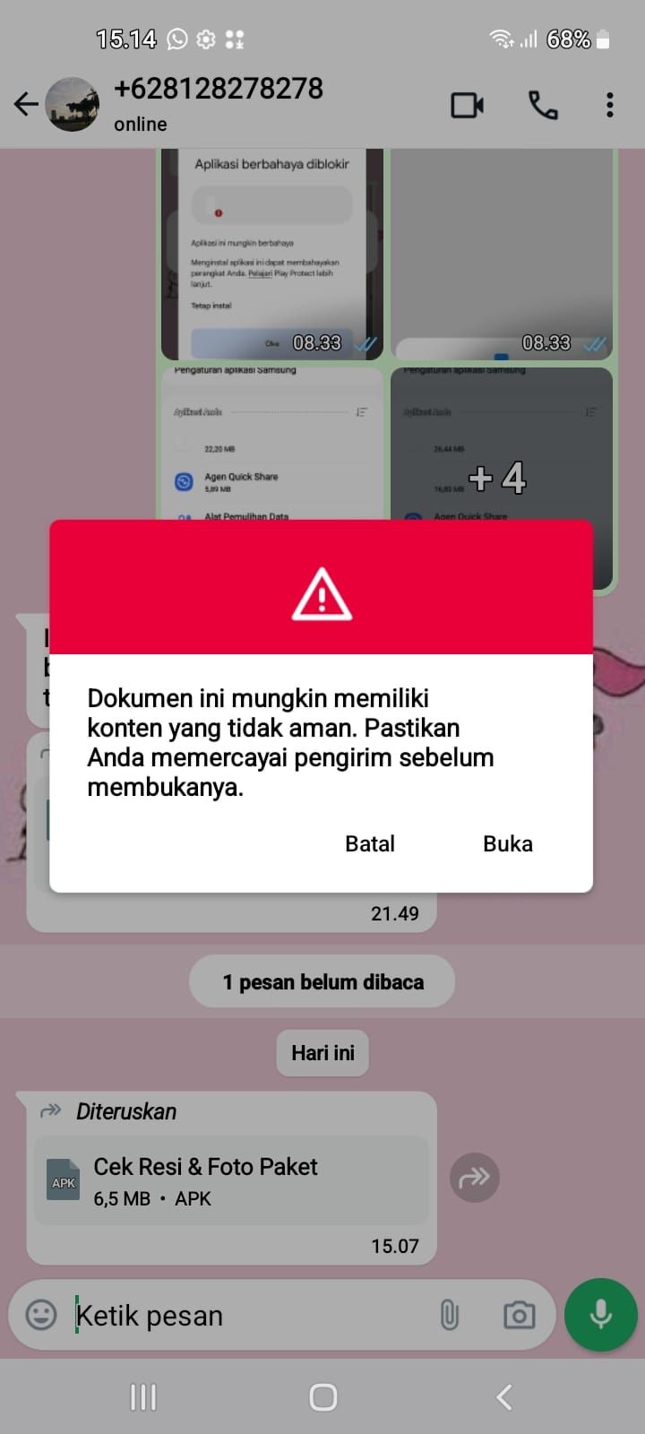 Gambar 3, Peringatan dahwa dokumen yang dijalankan memiliki konten yang tidak aman dan harus diwaspadai.