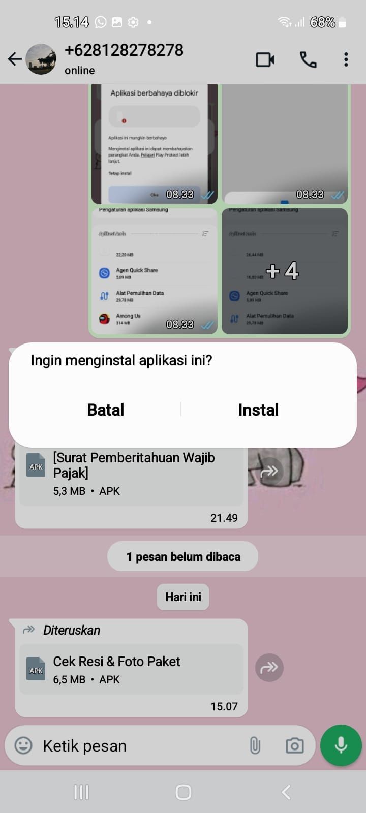 Gambar 1, APK akan datang memalsukan diri sebagai Dirjen Pajak atau Kurir Online
