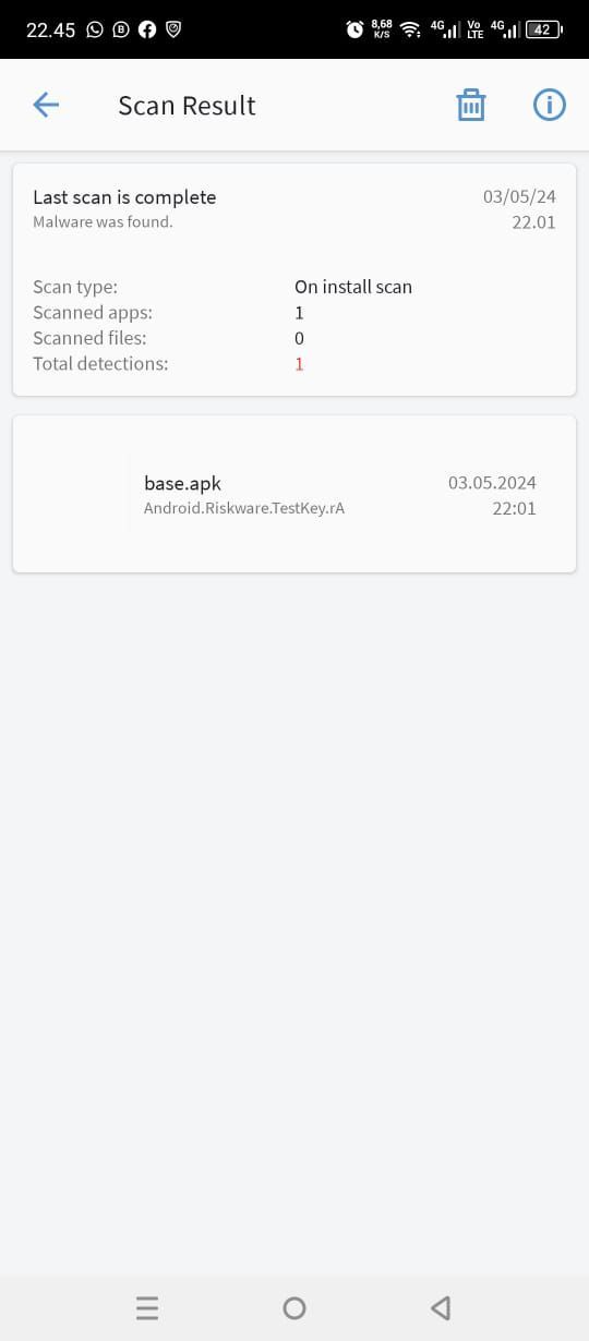 Gambar 9, GData Endpoint Security mendeteksi APK pencuri SMS jahat sebagai malware