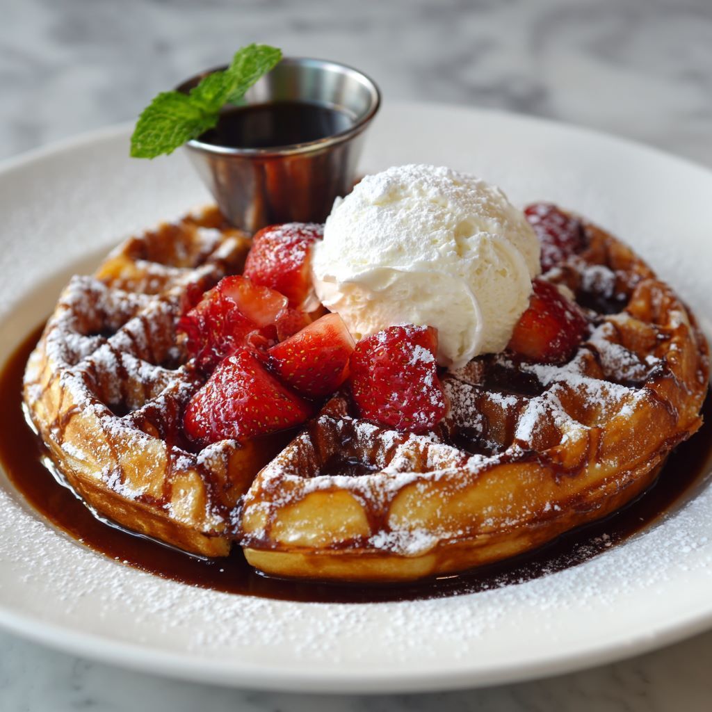A Belgian waffle with strawberries and ice cream on top