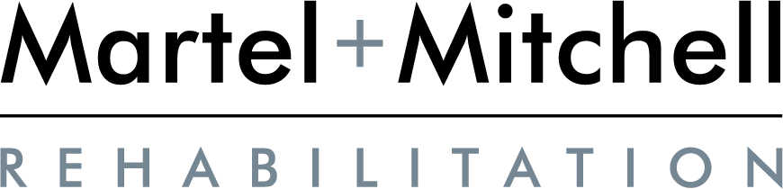 Logo for Martel + Mitchell Rehabilitation with bold black text above a horizontal line and grey text below.