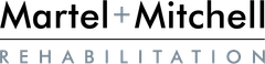 Logo for Martel + Mitchell Rehabilitation with bold black text above a horizontal line and grey text below.