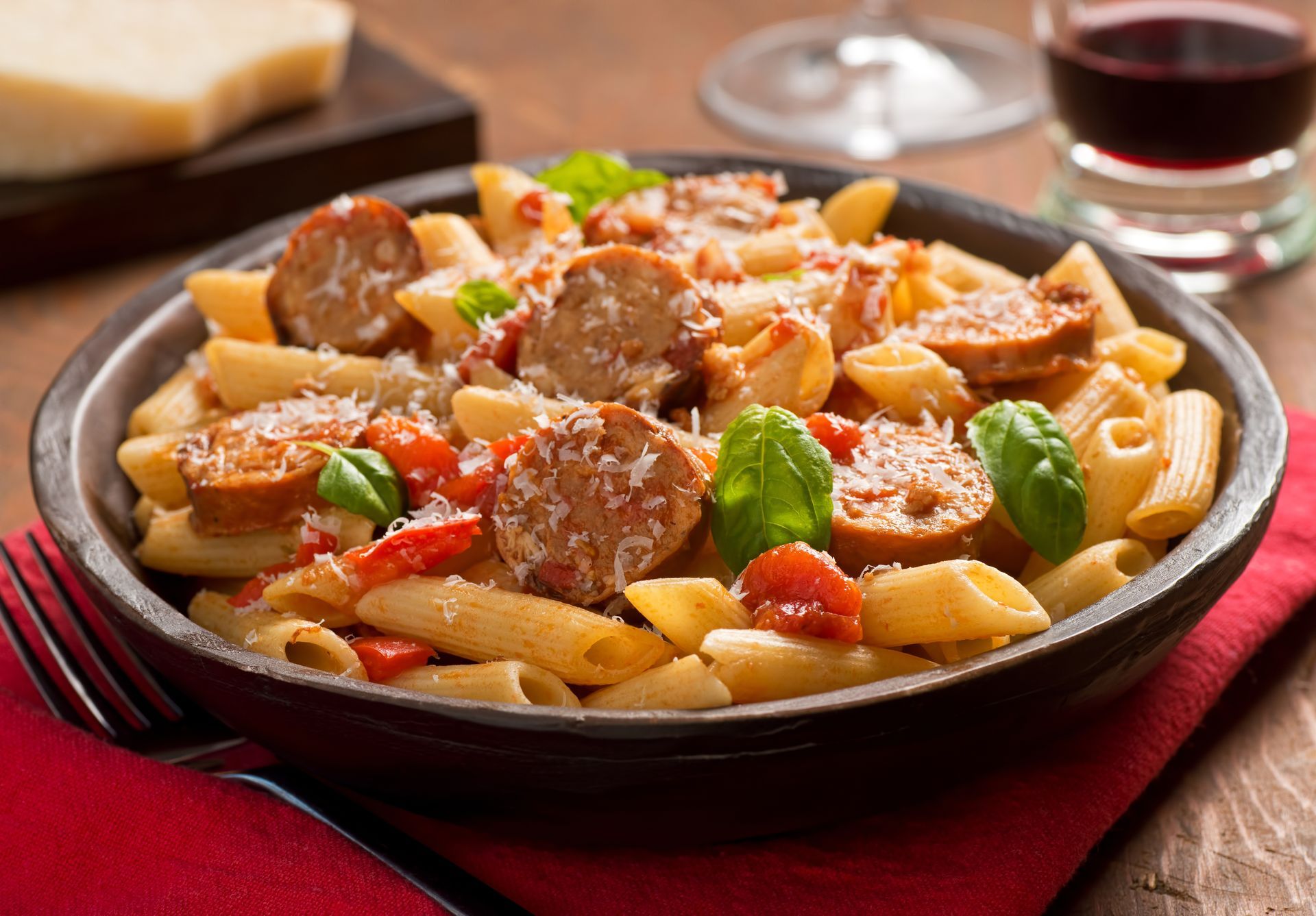 Pasta dish with sausage, tomato sauce, and basil in a dark bowl, cheese, and red wine.