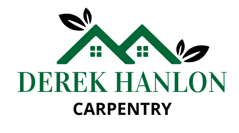 Logo for Derek Hanlon Carpentry: Green roof-shaped design with leaves, the name, and the word 
