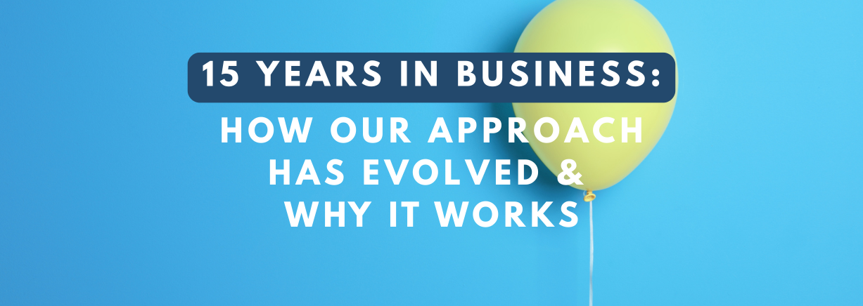 Graphic celebrating 15 years in business with text reading ‘How our approach has evolved and why it works’ on a blue background with a yellow balloon.