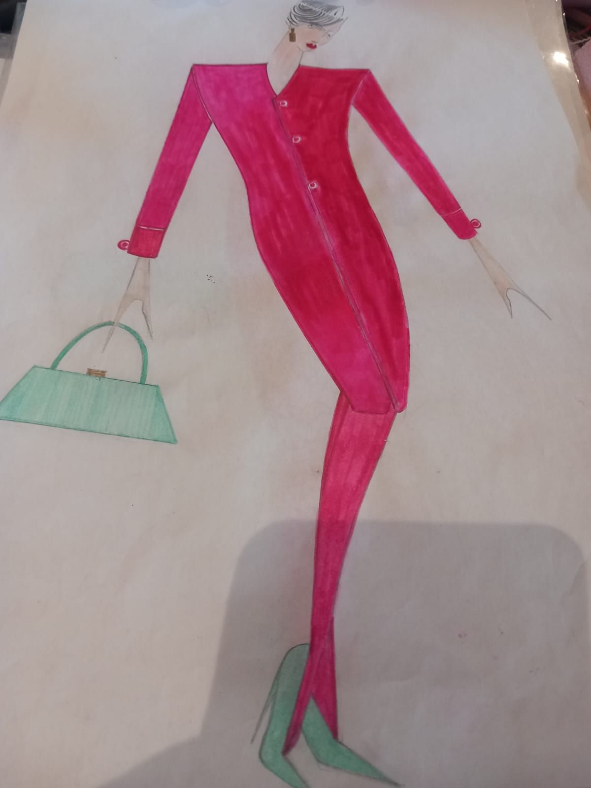 Illustrazione di moda di una figura con un cappotto rosa acceso