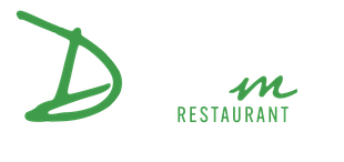 Un logo verde e bianco per un ristorante chiamato Dim Restaurant.