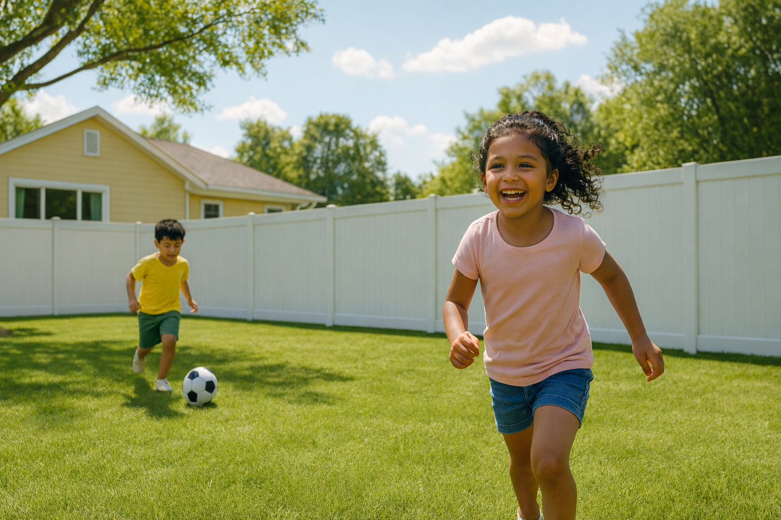 Family playing in a fenced backyard with green grass; sunny day.